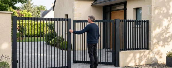 La façade d'une maison avec un portail en acier noir et un claustra assorti encadrant l'entrée, un propriétaire posant la main sur une lame.