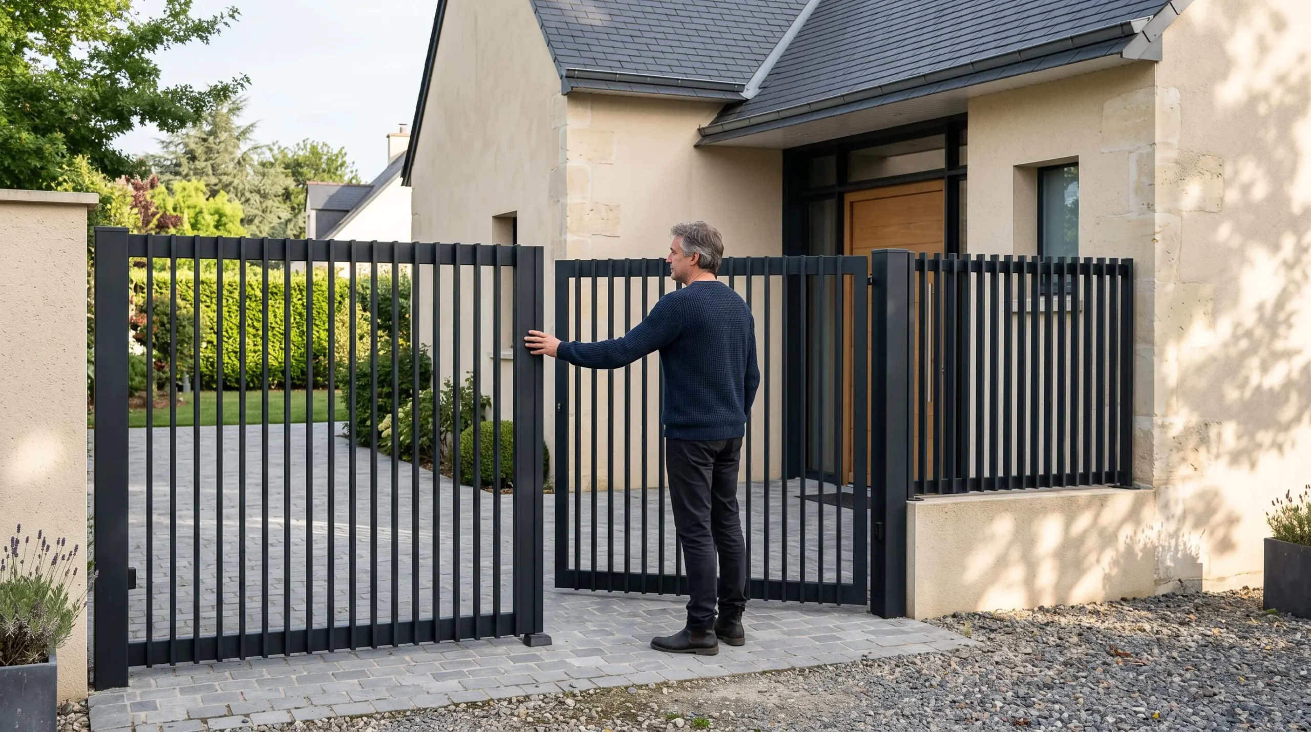 La façade d'une maison avec un portail en acier noir et un claustra assorti encadrant l'entrée, un propriétaire posant la main sur une lame.