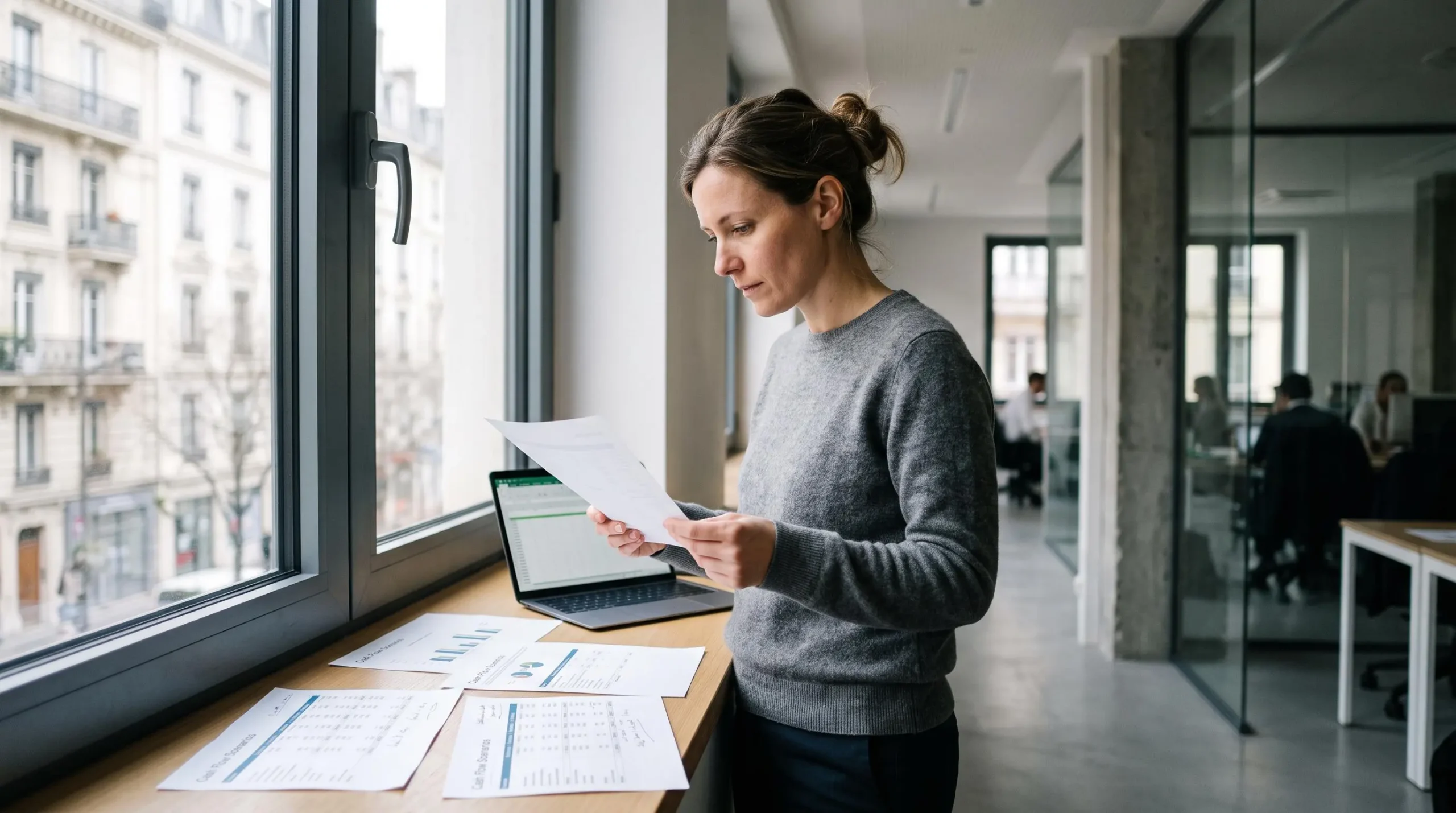 Professionnel de la finance étudiant plusieurs scénarios de prévisionnel de trésorerie près d'une fenêtre dans un espace de travail français.