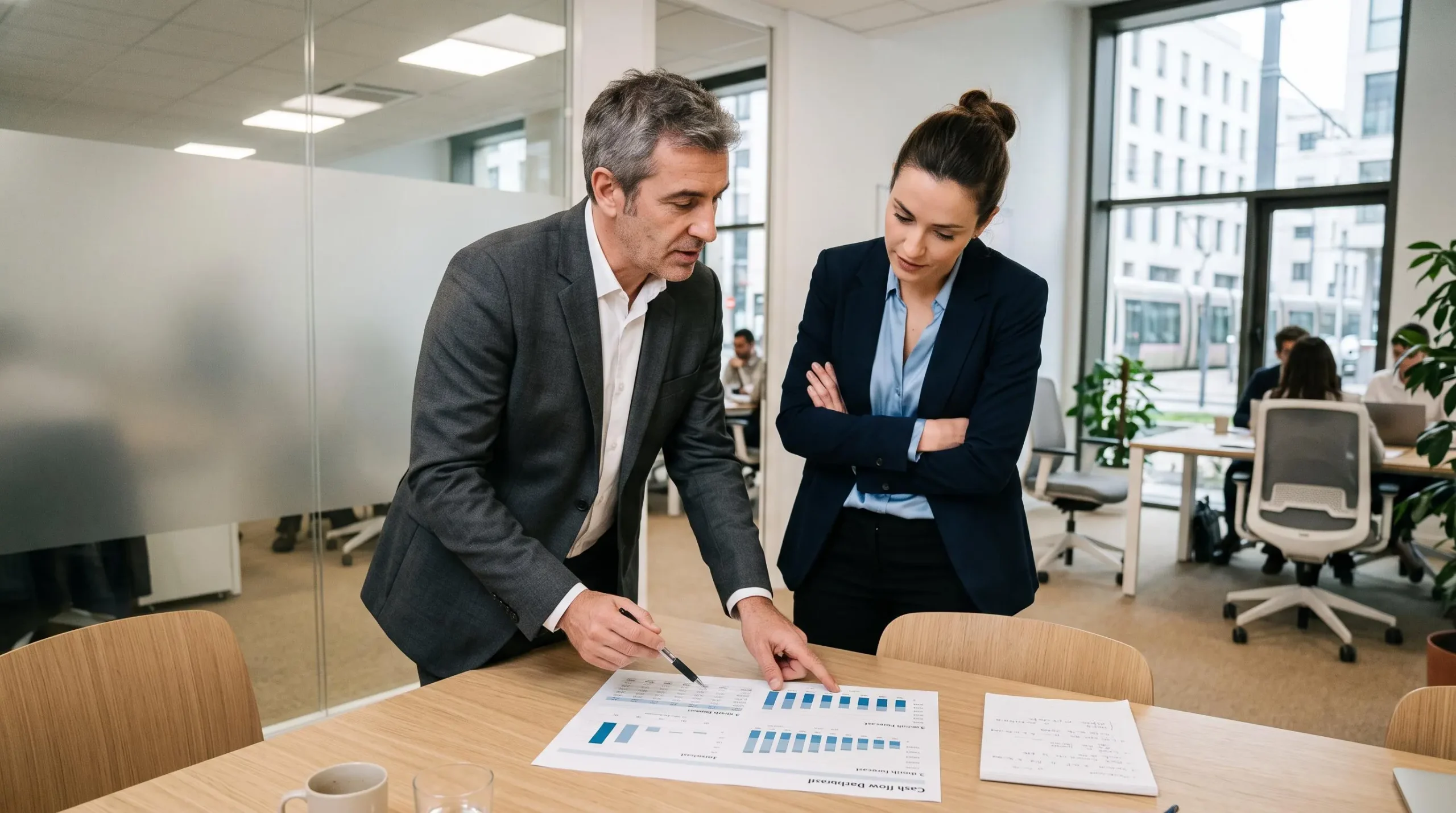 Deux professionnels de la finance discutant des horizons temporels d'un tableau de bord de trésorerie lors d'une réunion de suivi.
